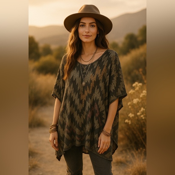 Vintage Sweaters - Vismaya Mohair Wool Blend Boho Chic Southwestern Ikat Poncho with Fringe Pattern